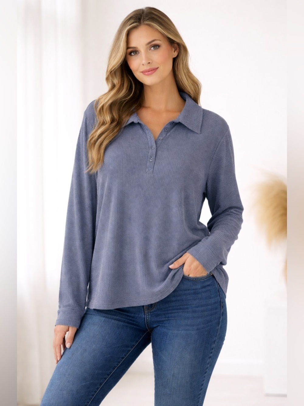 Trueself 3X NWT Plus Size Cotton Button Henley Top Blue & White‎ Ribbed Striped